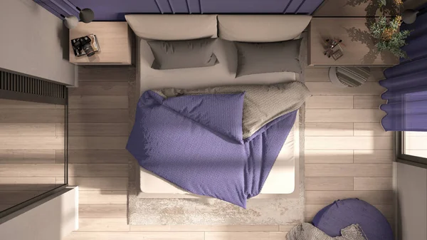 Minimal Classic Bedroom Purple Tones Double Bed Duvet Pillows Side — Stock Photo, Image