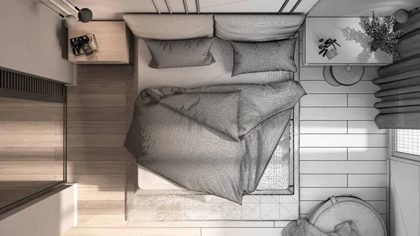 Arkitektinredningskoncept Oavslutat Projekt Som Blir Verkligt Minimalt Klassiskt Sovrum Säng — Stockfoto