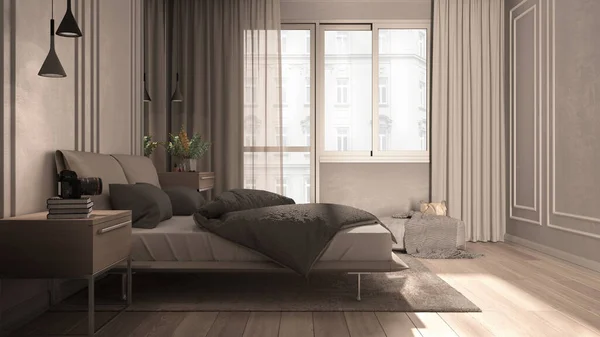 Minimal Classic Bedroom Beige Tones Panoramic Window Double Bed Duvet — Stock Photo, Image