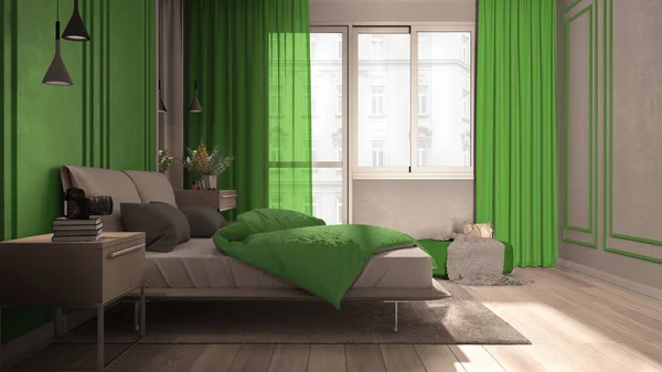 简约典雅的卧室 绿色色调 全景窗 双人床 羽绒被和枕头 拼贴和粉刷墙壁 豪华室内设计理念 — 图库照片