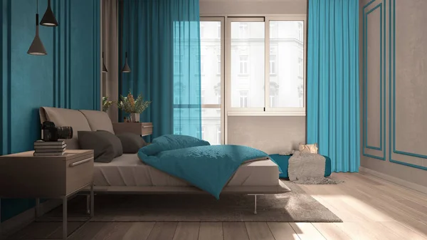 Классическая Спальня Синих Тонах Панорамным Окном Двуспальная Кровать Одеялом Подушками — стоковое фото