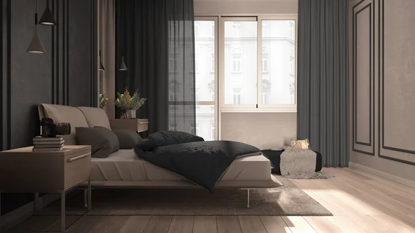 회색의 전형적 침실에 파노라마 베트와 베개가 램프와 사이드 테이블 Parquet — 스톡 사진