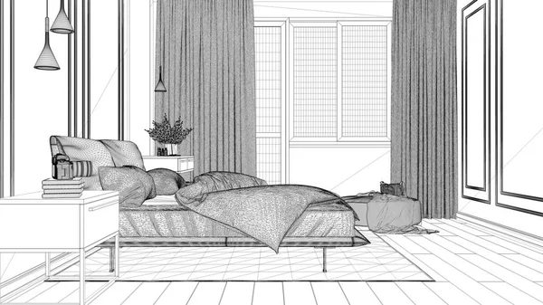 Blueprint Projektskizze Minimalistisches Klassisches Schlafzimmer Mit Fenster Doppelbett Mit Bettdecke — Stockfoto