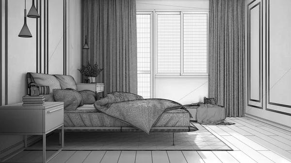 Unfertiger Projektentwurf Minimalistisches Klassisches Schlafzimmer Mit Fenster Doppelbett Mit Bettdecke — Stockfoto