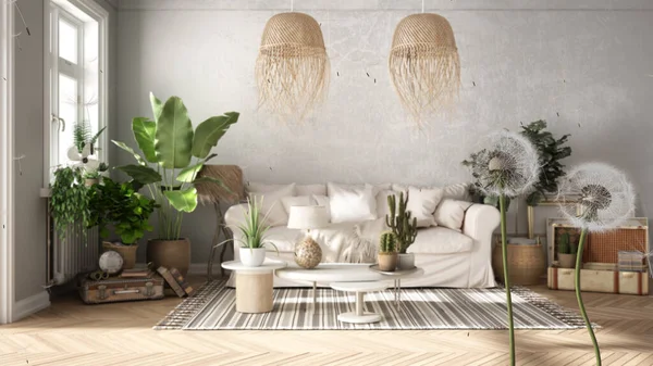 푹신푹신 공기의 민들레에 베이지 식물등 스타일의 포자를 뿌린다 디자인 아이디어 — 스톡 사진