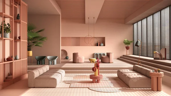 色の現代的なリビングルーム パステルロージー色 ソファ アームチェア カーペット テーブル ステップや鉢植え 銅ペンダントランプ インテリアデザインの雰囲気 建築のアイデア — ストック写真