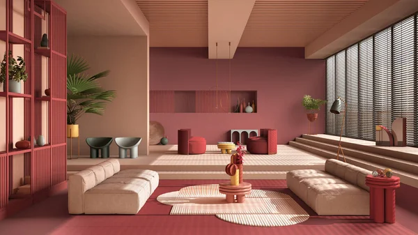 色の現代的なリビングルーム パステルレッドの色 ソファ アームチェア カーペット テーブル ステップや鉢植え 銅ペンダントランプ インテリアデザインの雰囲気 建築のアイデア — ストック写真