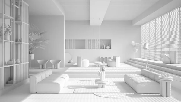 全白工程草案 当代客厅 扶手椅 台阶和盆栽 室内设计氛围 建筑理念 — 图库照片