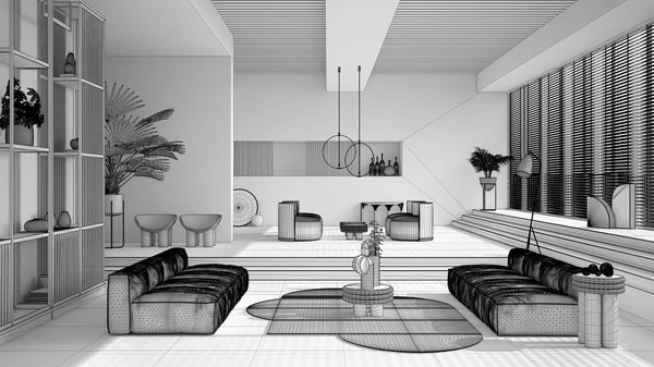 Niedokończony Szkic Białego Projektu Nowoczesny Salon Sofa Fotel Dywan Stoły — Zdjęcie stockowe