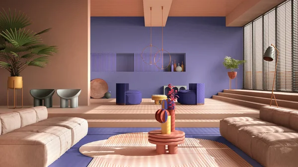 色の現代的なリビングルーム パステルパープルの色 ソファ アームチェア カーペット テーブル ステップや鉢植え 銅ペンダントランプ インテリアデザインの雰囲気 建築のアイデア — ストック写真