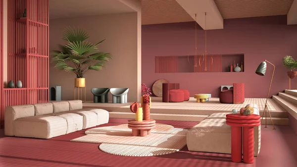 Colored contemporary living room, pastel red colors, sofa, armchair, carpet, tables, steps and potted plants, copper pendant lamps. Interior design atmosphere, architecture idea