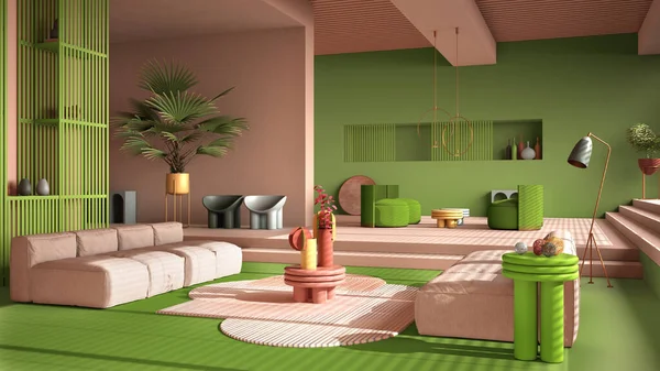 色の現代的なリビングルーム パステルグリーンの色 ソファ アームチェア カーペット テーブル ステップや鉢植え 銅ペンダントランプ インテリアデザインの雰囲気 建築のアイデア — ストック写真