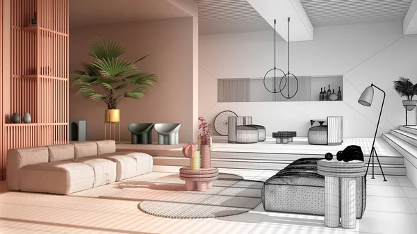 建築家インテリアデザイナーのコンセプト 現代的なリビングルーム ソファ アームチェア カーペット テーブル ステップ 植物になる未完成のプロジェクト デザインの雰囲気 建築のアイデア — ストック写真
