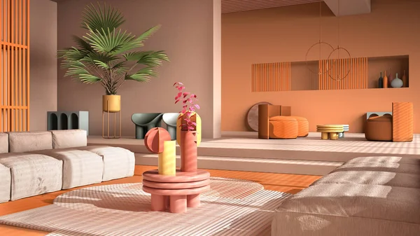 色の現代的なリビングルーム パステルオレンジの色 ソファ アームチェア カーペット テーブル ステップや鉢植え 銅ペンダントランプ インテリアデザインの雰囲気 建築のアイデア — ストック写真