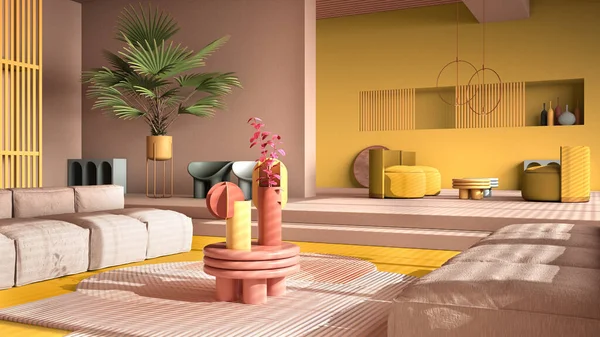 Colored contemporary living room, pastel yellow colors, sofa, armchair, carpet, tables, steps and potted plants, copper pendant lamps. Interior design atmosphere, architecture idea