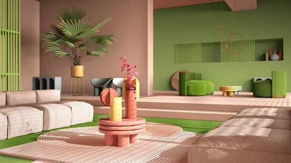 Colored contemporary living room, pastel green colors, sofa, armchair, carpet, tables, steps and potted plants, copper pendant lamps. Interior design atmosphere, architecture idea