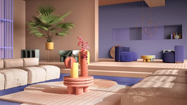 Colored contemporary living room, pastel purple colors, sofa, armchair, carpet, tables, steps and potted plants, copper pendant lamps. Interior design atmosphere, architecture idea