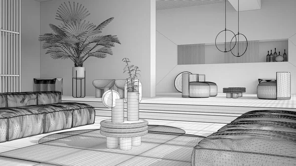 未完成の白いプロジェクトの草案は 現代のリビングルーム ソファ アームチェア カーペット テーブル ステップや鉢植え ペンダントランプ インテリアデザインの雰囲気 建築のアイデア — ストック写真
