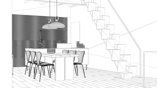 Progetto Progetto Blueprint Cucina Minimalista Con Scala Moderna Isola Tavolo — Foto Stock