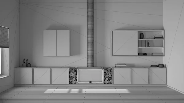 未完成的项目草案 带有壁炉特写的现代客厅 宴会厅 最小的橱柜 家具细节 当代室内设计展示理念 — 图库照片