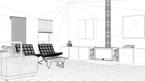 青写真プロジェクトの草案 寄木細工の床 最小限のキャビネット ソファとアームチェア 家具の詳細 現代的なインテリアデザインのショーケースコンセプトアイデア — ストック写真