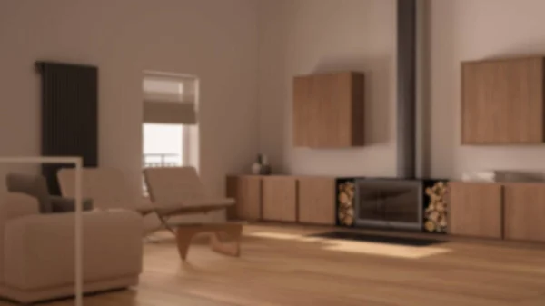 Unscharfe Hintergrundgestaltung Modernes Wohnzimmer Mit Kamin Parkettboden Minimalistische Schränke Sofa — Stockfoto
