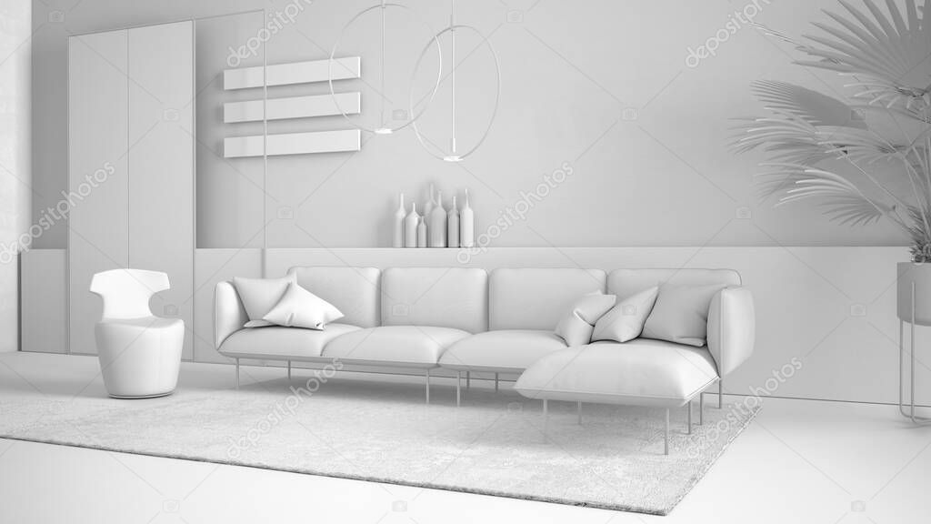 Total white project draft, contemporary living room, sofa, armchair, carpet, concrete walls, potted plant and decors, pendant lamps. Interior design atmosphere, architecture idea