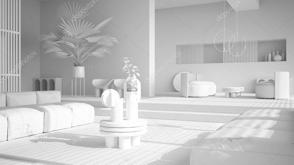 Total white project draft, contemporary living room, sofa, armchair, carpet, tables, steps and potted plants, pendant lamps. Interior design atmosphere, architecture idea