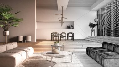 Mimari iç mimar konsepti: tamamlanmamış proje gerçek, modern oturma odası, salon, parke basamaklı açık alan, kanepe, yemek masası, sandalyeler, minimal tasarım