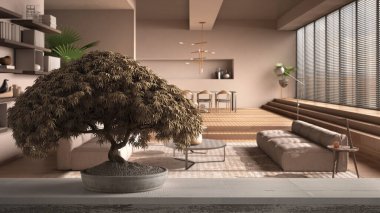 Saksı çiçekli ahşap masa rafı, bej yapraklar, çiçekler, modern oturma odasının üzerinde bej tonlarında, parke zeminli açık alan, zen temiz mimari konsepti fikri