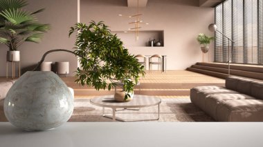 Yuvarlak mermer vazo ve saksı bonsai, yeşil yapraklı beyaz raf, modern oturma odasının üzerinde bej rengi tonlarda, açık alan, parke zemin, zen temiz mimari fikri