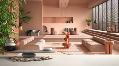 Ahşap eski masa veya taş dengeli raf, renkli çağdaş oturma odası, pastel pembe renkler, kanepe, feng shui, zen konsept iç mimarisi