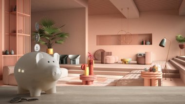 Beyaz kumbaralı ahşap masa veya raf madeni paralar, çağdaş oturma odası, pastel renkler, pahalı iç dekorasyon, yenileme konsepti mimarisi