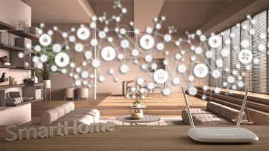 Wi-Fi kablosuz yönlendirici ahşap masa, akıllı ev, geometrik arkaplan bağlı çizgi ve noktalar şeylerin internet gösterimi oturma odası üzerinde ev otomasyon konsepti