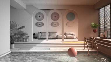 Mimari iç mimar konsepti: bitmemiş proje gerçek oluyor, havuzu, kanepesi, basamakları ve bitkileri olan çağdaş oturma odası. İç tasarım atmosferi, mimari fikir