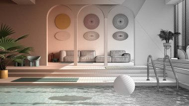 Mimari iç mimar konsepti: bitmemiş proje gerçek oluyor, havuzu, kanepesi, basamakları ve bitkileri olan çağdaş oturma odası. İç tasarım atmosferi, mimari fikir