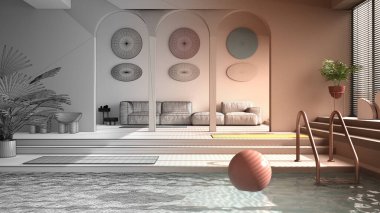 Mimari iç mimar konsepti: bitmemiş proje gerçek oluyor, havuzu, kanepesi, basamakları ve bitkileri olan çağdaş oturma odası. İç tasarım atmosferi, mimari fikir