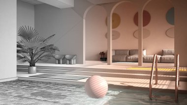 Mimari iç mimar konsepti: bitmemiş proje gerçek oluyor, havuzu, kanepesi, basamakları ve bitkileri olan çağdaş oturma odası. İç tasarım atmosferi, mimari fikir