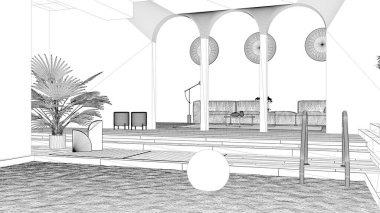 Proje taslağı, minimalist oturma odası, salon, merdivenleri, kemerleri, kanepesi, halıları ve saksısı bitkileri olan açık alan, yüzme havuzu, çağdaş iç tasarım.