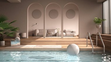 Minimalist oturma odası bej tonlarında, salon, parke meşe zeminli, basamaklı, kemerli, kanepeli, halılı ve saksı bitkilerli, yüzme havuzu, çağdaş iç tasarım.