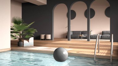 Gri tonlu minimalist oturma odası, salon, parke meşe zeminli açık alan basamakları, kemer yolları, kanepe, halı ve saksı bitkileri, yüzme havuzu, çağdaş iç tasarım.