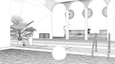 Proje taslağı, minimalist oturma odası, salon, merdivenleri, kemerleri, kanepesi, halıları ve saksısı bitkileri olan açık alan, yüzme havuzu, çağdaş iç tasarım.