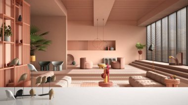 Beyaz masa üstü ya da rafta minimalist kuş süsü, kuş süsü - bulanık renkli çağdaş oturma odası, pastel pembe renkler, kanepe, modern iç tasarım
