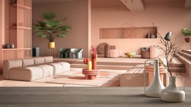 Ahşap masa ya da raf üzerinde minimalist modern vazolar renkli çağdaş oturma odası, pastel pembe renkler, kanepe, mimari iç tasarım