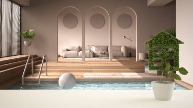 Beyaz masa üstü ya da rafta ev şeklinde yeşil bitki, yüzme havuzlu çağdaş oturma odası, iç tasarım, gayrimenkul, çevre mimarisi fikri