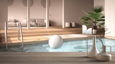 Çağdaş oturma odası, yüzme havuzu, kanepe, iç mimari tasarım üzerine minimalist modern vazolarla ahşap masa veya raf.