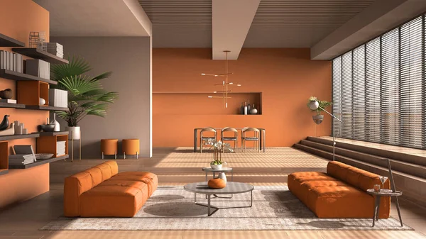 Modern living room in orange tones, hall, open space with parquet oak floor with steps, sofa, carpet and coffee tables, dining table with chairs and lamps, minimal interior design