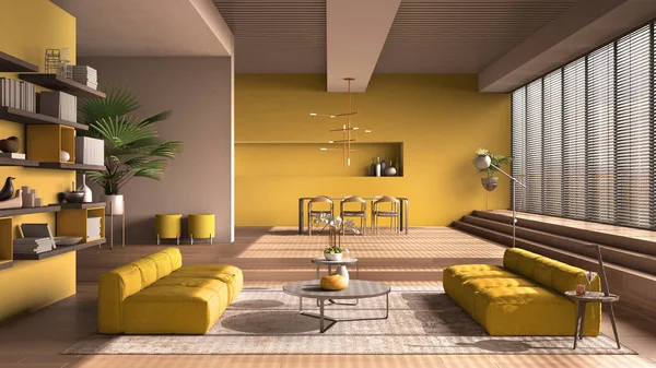 노란빛 테이블 응접실 의자와 램프가 최소한의 디자인 — 스톡 사진