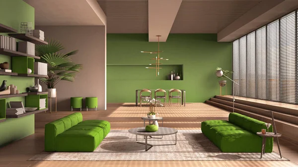 Modern living room in green tones, hall, open space with parquet oak floor with steps, sofa, carpet and coffee tables, dining table with chairs and lamps, minimal interior design