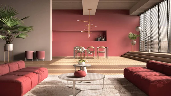 Modern living room in red tones, hall, open space with parquet oak floor with steps, sofa, carpet and coffee tables, dining table with chairs and lamps, minimal interior design